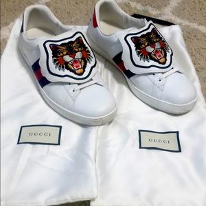 Gucci Men's White New Ace Tiger Patch Sneakers.